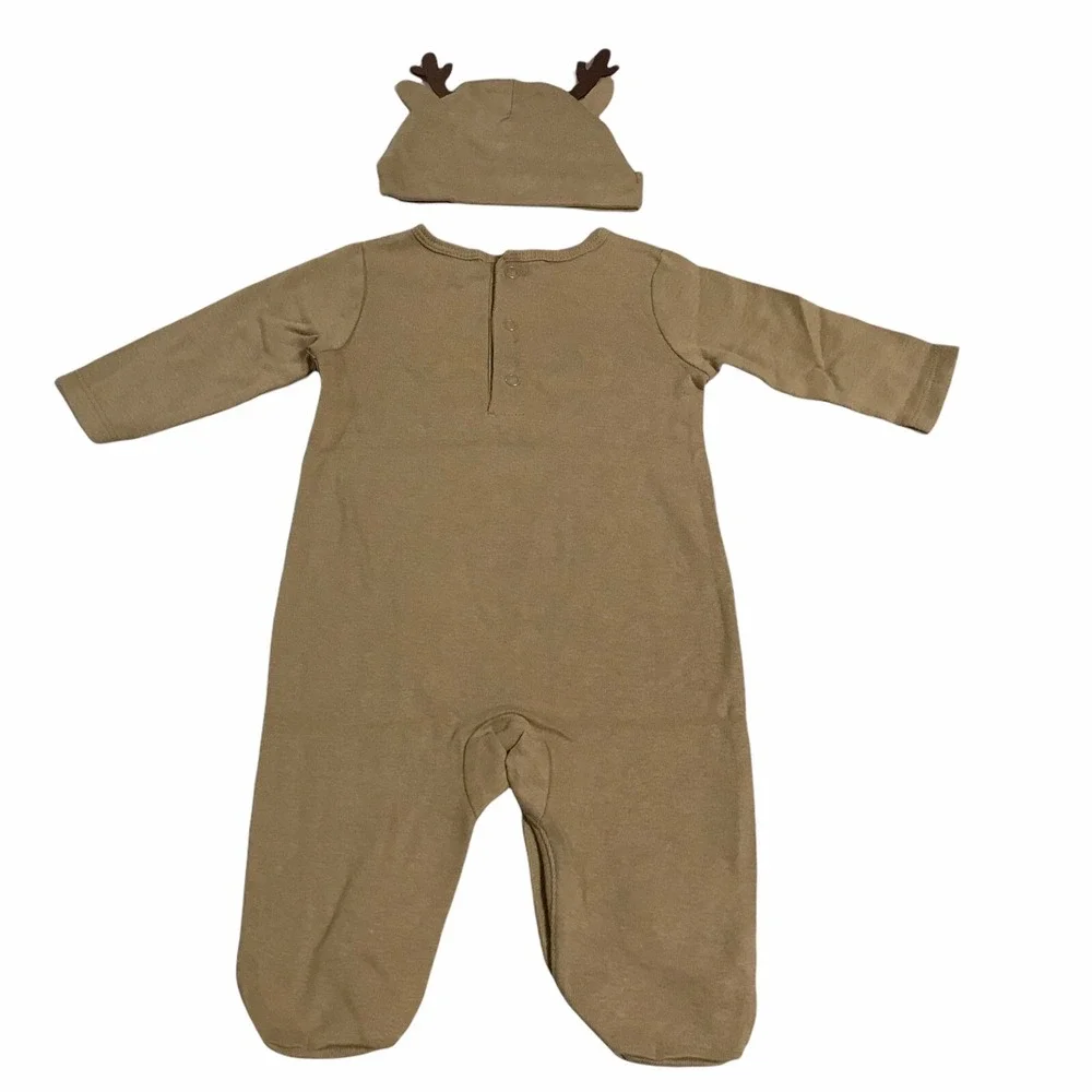 Carter's Baby Boys 2-Piece Reindeer Coverall & Hat Set for Christmas Sz 3M Brown